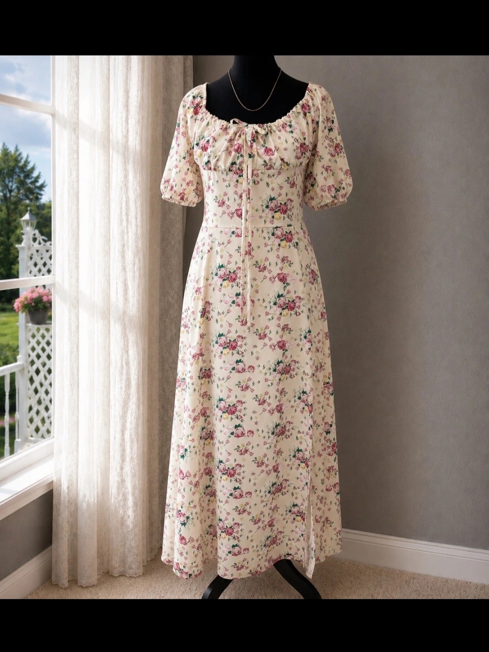 Cream Floral Maxi Dress with Pink Accents - Puff Sleeve